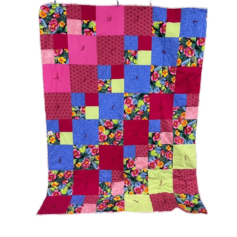 Handmade Reversible Tropical Patchwork Twin Quilt 58x74 Shabby Chic Reverse Side